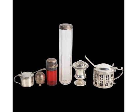 Various silver, including mustard pot, red glass scent bottle, toilet jar, etcLot sold as seen unless specific item(s) reques