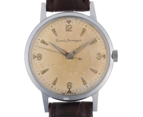 GIRARD-PERREGAUX - a stainless steel mechanical wristwatch, circa 1970s, silvered dial with applied gilt quarterly Arabic and