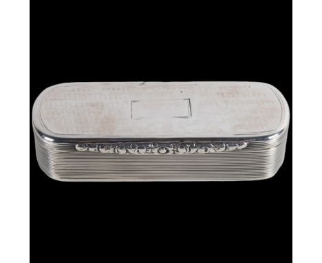 A William IV silver snuffbox, Edward Smith, Birmingham 1836, shaped rectangular form, with engine turned decoration, reeded s