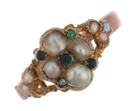 A 19th century split pearl stone set sweetheart ring, apparently unmarked closed-back settings, setting height 9.1mm, size K,