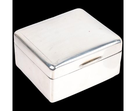 An Art Deco George V silver cigarette box, Elikington & Co, Birmingham 1922, square form with engine turned domed lid, 10cm x