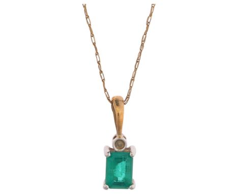 A 9ct gold emerald and diamond pendant necklace, on 9ct fine chain, pendant 17.5mm, chain 50cm, 1.6gNo damage or repair, all 