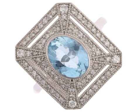 A platinum aquamarine and diamond panel ring, in the Art Deco style, rub-over set with 1.25ct oval mixed-cut aquamarine and m