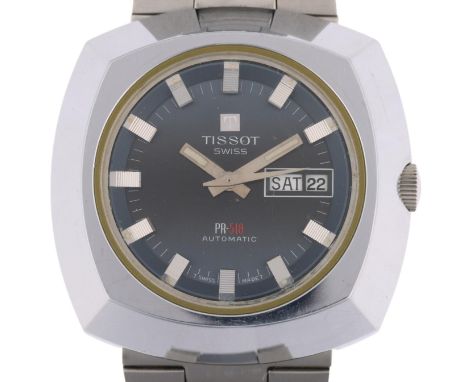 TISSOT - a Vintage stainless steel PR-518 automatic calendar bracelet watch, circa 1970s, ombre blue dial with block hour mar