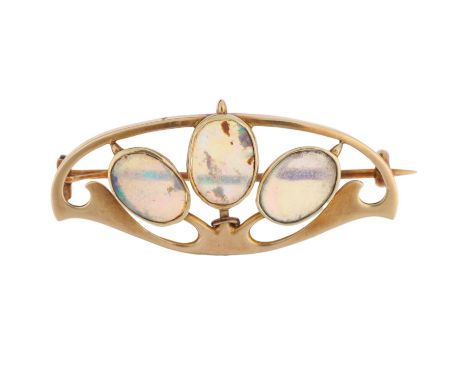 MURRLE BENNETT - an Art Nouveau 15ct gold opal openwork brooch, circa 1905, rub-over set with oval flat cabochon opals with f