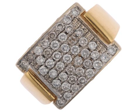 A Continental 18ct gold diamond panel ring, pave set with modern round brilliant-cut diamonds, total diamond content approx 0