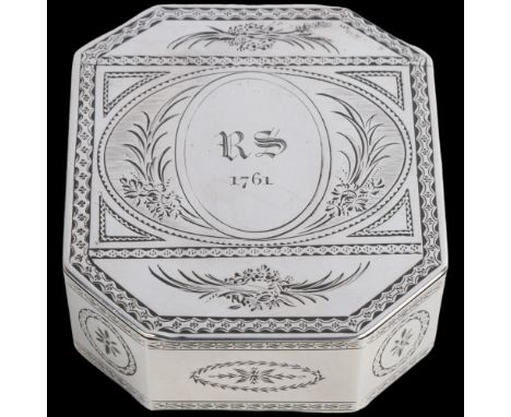 A fine George III silver table snuffbox, maker IR, London 1794, octagonal form, with bright-cut engraved decoration, invisibl