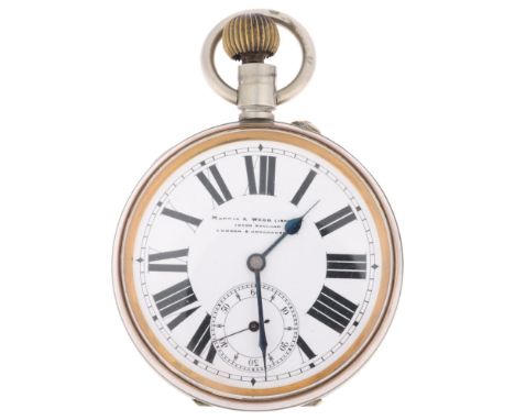 An early 20th century nickel open-face keyless Goliath pocket watch, by Mappin & Webb of London and Johannesburg, white ename