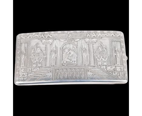 A fine quality Iranian silver, "Achaemenid Ruins At Persepolis", curved cigarette case, early 20th century, Iran marked on in