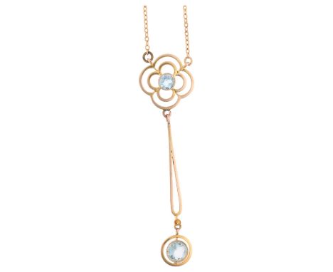 An Edwardian 9ct gold aquamarine openwork drop pendant necklace, on integral 9ct fine cable link chain, pendant 49.7mm, chain