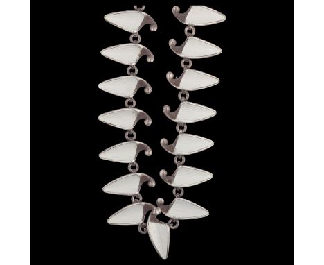 EINAR MODAHL - a Norwegian modernist sterling silver white enamel leaf panel necklace, 38.5cm, 32.5gNo damage or repair, no e