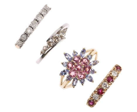 4 x 9ct gold gem set rings, sizes N x 3, and P, 9.7g total (4)Lot sold as seen unless specific item(s) requested 