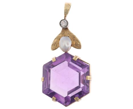 A 14ct gold amethyst Baroque pearl and white sapphire drop pendant, set with hexagonal step-cut amethyst, 44.2mm, 10gAll ston