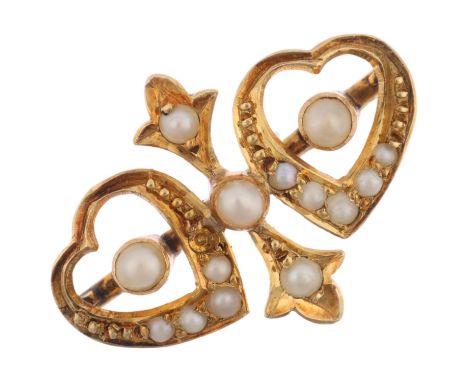 A Victorian split pearl twin-heart ring, apparently unmarked, setting height 13.6mm, size N, 1.8gRing has been re-purposed fr