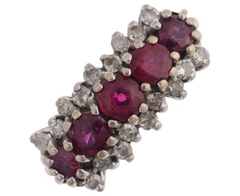 A late 20th century 18ct white gold ruby and diamond half hoop ring, maker G&B, London 1977, setting height 7.3mm, size M, 4.