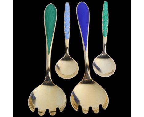 TOSTRUP - a pair of Norwegian vermeil sterling silver and enamel salad servers, and a similar pair of preserve spoons, server