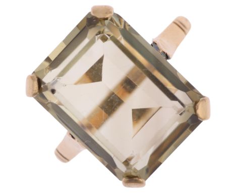 A late 20th century 9ct gold smoky quartz dress ring, maker REP, Birmingham 1973, set with rectangular step-cut quartz, setti