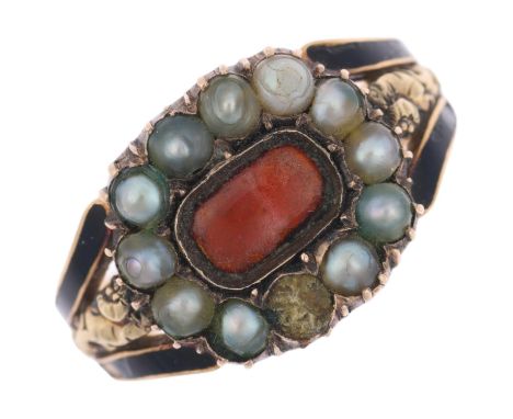 MILITARY INTEREST - a 19th century split pearl and black enamel cluster mourning ring, bearing later inscription 'FHP MCD 191