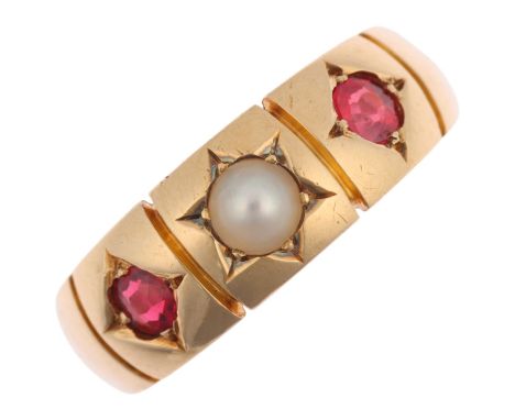 A Victorian 18ct gold three stone pearl and garnet gypsy ring, setting height 6.6mm, size N, 5.3gNo damage or repair, all sto