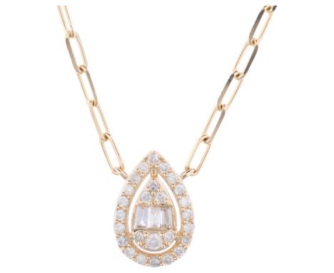 A modern 14ct gold diamond pear halo cluster pendant necklace, pave set with tapered baguette and modern round brilliant-cut 
