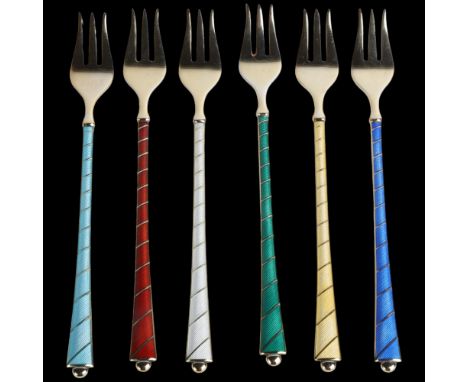 EGON LAURIDSEN - a set of 6 Danish vermeil sterling silver and harlequin enamel cocktail/oyster forks, 12cmNo damage or repai