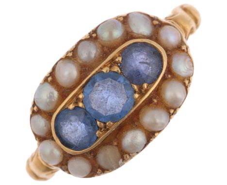 A 19th century 18ct gold sapphire and split pearl oval cluster ring, Birmingham 1898, setting height 9mm, size H, 3gAll stone