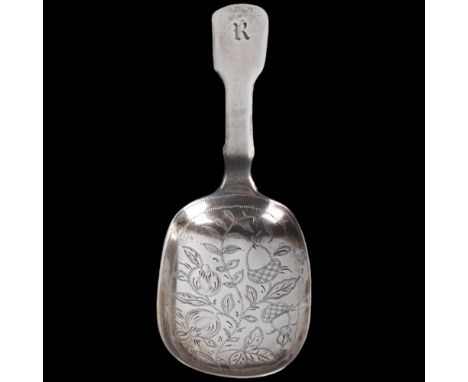 A George IV silver Fiddle pattern tea caddy spoon, William Traies, London 1826, bright-cut floral engraved bowl, 9cmA few lig