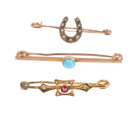 3 Antique bar brooches, including pearl lucky horseshoe example, 3g gross (3)Lot sold as seen unless specific item(s) request