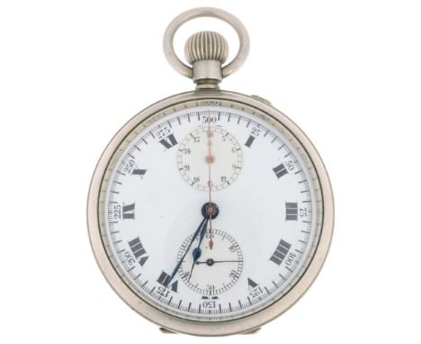 An early 20th century nickel open-face keyless chronograph pocket watch, white enamel dial with Roman numeral hour markers, b