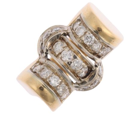A Continental 18ct gold diamond tank ring, set with modern round brilliant-cut diamonds, total diamond content approx 0.5ct, 
