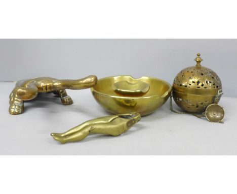 A brass beetle boot Jack, an incense ball, an ashtray and a novelty nut cracker