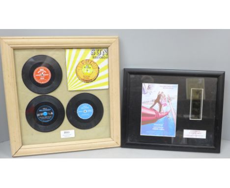 A James Bond A View to A Kill limited edition film cell and four Mick Millership framed records, Elvis and The Beatles, recor