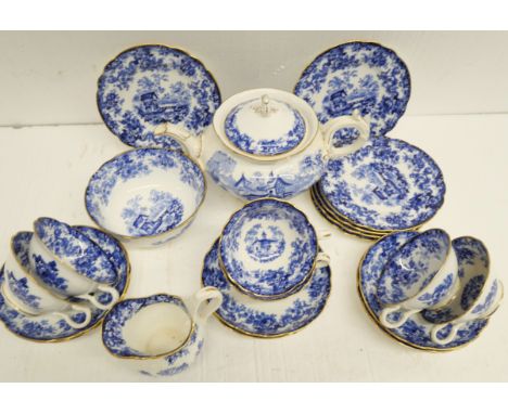 A Minton blue and white Genevese pattern tea set, six setting, sugar basin lid a/f and teapot a/f, a Royal Albert Dovecot cof