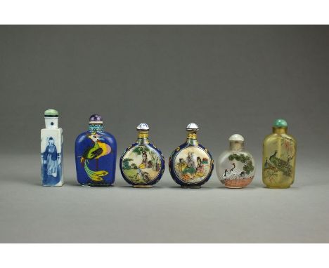 Six various Chinese snuff bottlesLate Qing/Republic periodIncluding a blue and white porcelain example painted with a figure 