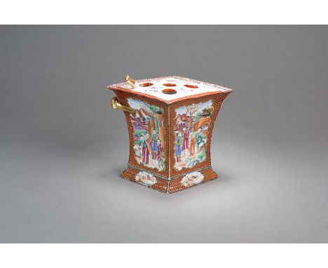 A Chinese famille rose lozenge form rose bulb pot and cover18th CenturyWith flared rim and twin scroll handles, raised on an 