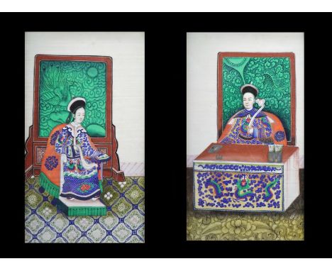 A collection of nine Chinese paintings on pith paper19th CenturyIncluding a pair depicting a prince and consort seated on thr