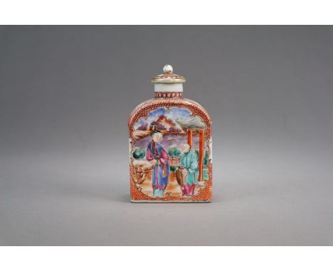 A Chinese famille rose tea caddy and cover18th CenturyOf rectangular form with arched top, painted with figures in a garden o