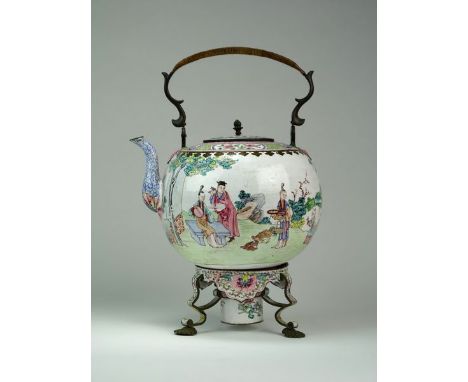 A Canton enamel teapot and warming standQianlongThe spherical body with overhead swing handle bound in rattan, the pot enamel