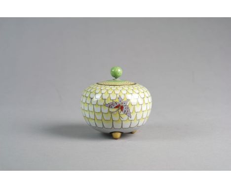 A Japanese cloisonne koro and coverMeiji periodOf globular form with ball finial and raised on three knob feet, worked with b