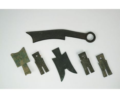 A group of Chinese bronze coins Eastern Zhou Dynasty and later (c.770-200 BC) Including a 'hollow handle spade', a 'flat poin