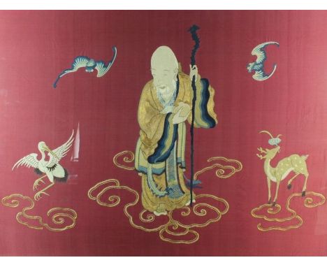 A Chinese embroidered silk triptych of Fu, Lu and Shou19th CenturyOf rectangular outline and worked in coloured silk with cou