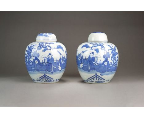 A pair of Chinese blue and white ginger jars and covers19th CenturyOf ovoid form with domed covers, decorated with opposing s