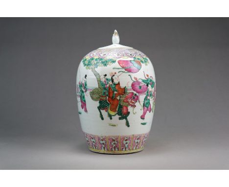 A Chinese famille rose vase and coverLate Qing/Republic periodOf ovoid form, the near flat cover with cone finial, painted in