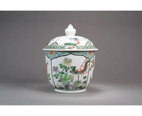 A Chinese famille verte jar and coverKangxi six-character mark but 19th CenturyOf cup form, the domed cover with cone finial,