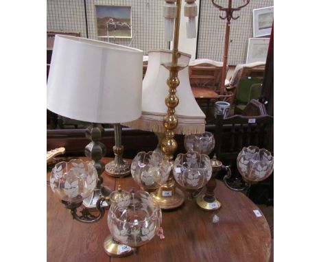 A brass table lamp together with a pair of three branch table lamps, other table lamps, lamp shades etc