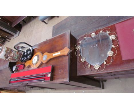 A Japanese satsuma pottery vase together with a chrome dessert set, Riley snooker cue, barometer, cufflinks, jewellery box, h