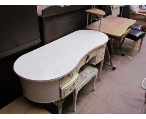 A cream dressing table together with a matching stool and a computer table, a foot stool, a copper bedwarming pan and a set o