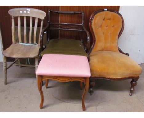 A Victorian mahogany framed nursing chair, with button back upholstery together with a Regency style mahogany chair, a stool,
