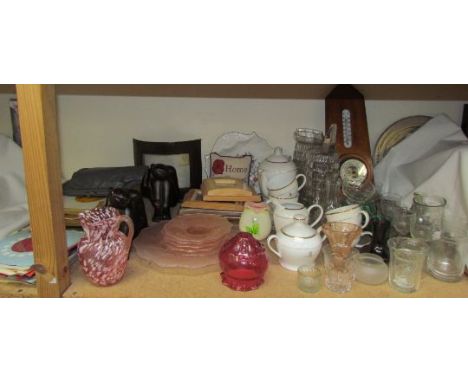 A barometer together with an Elizabeth II Golden Jubilee part tea set, glasses, glass vases, photograph frames, figures, reco