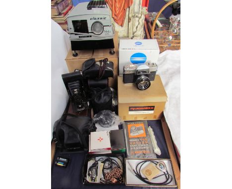 A Fujica 35mm camera together with other cameras, lenses, costume jewellery etc 